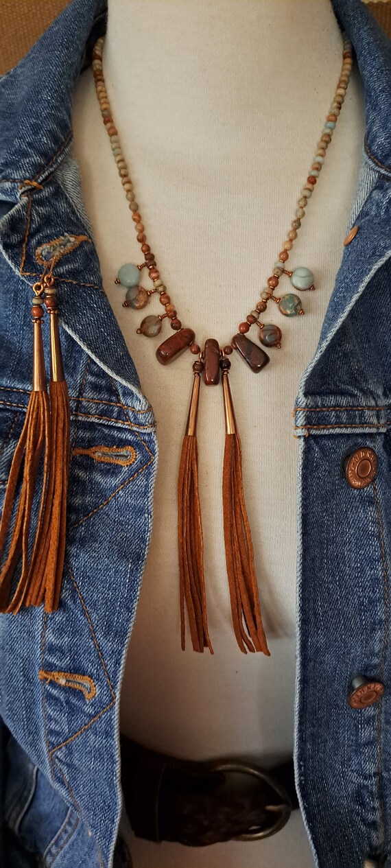Boho Style 18 Necklace With Twin Tassels Featuring Red Jasper Aqua Terra Jasper Highlighted With Copper Beads and Accents. Etsy