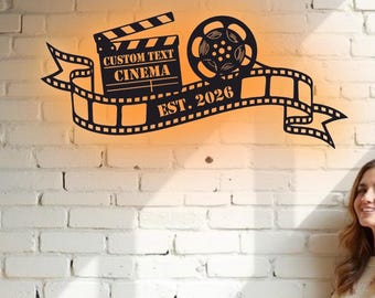 Custom Retro Cinema Metal Wall Art - RGB LED Film Lover Decor, Movie Theater Sign