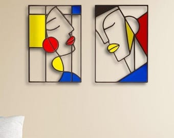 Colorful Cubist Metal Wall Art Set, Mid Century Abstract Faces Sculpture