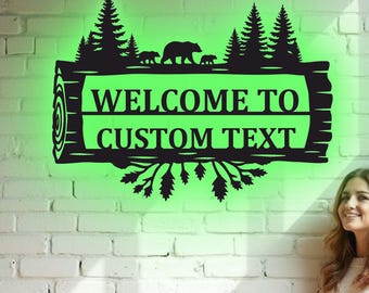 Custom Bear Family Mountain Metal Wall Art - RGB LED Cabin Decor, Wildlife Nature Sign