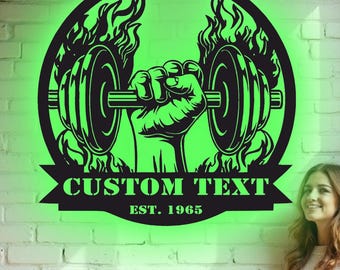 Custom Fitness Gym Metal Wall Art – RGB LED Workout Decor, Weightlifter Sign