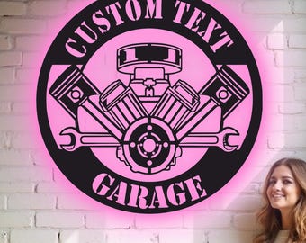 Custom Garage Metal Wall Art - RGB LED Workshop Decor, Mechanic Sign
