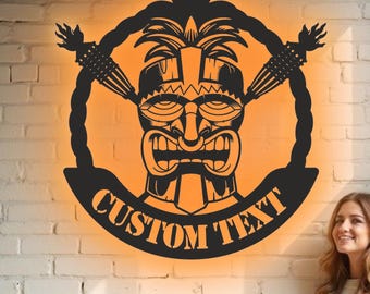 Custom Tiki Mask Metal Wall Art - RGB LED Patio Decor, Tropical Bar Sign