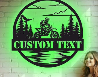 Custom Motocross Rider Metal Wall Art - RGB LED Garage Decor, Dirt Bike Racing Sign