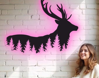 Custom Tree Deer Metal Wall Art - RGB LED Cabin Decor, Wildlife Nature Sign