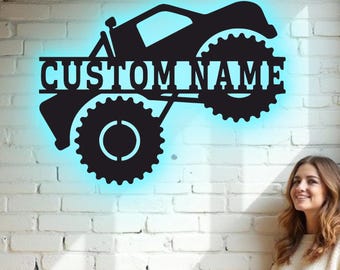 Custom Monster Truck Metal Wall Art - RGB LED Kids Room Decor, Off-Road Truck Sign