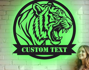 Custom Roaring Tiger Metal Wall Art – RGB LED Home Decor, Wildlife Silhouette Sign