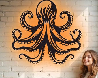 Octopus Metal Wall Art – RGB LED Patio Decor, Kraken Sign