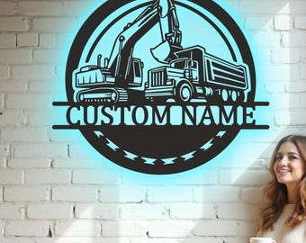 Custom Excavating Business Metal Wall Art - RGB LED Office Decor, Construction Sign