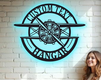 Custom Airplane Hangar Metal Wall Art - RGB LED Aviation Decor, Pilot Airfield Sign