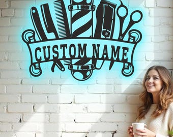 Custom Barber Shop Metal Wall Art - RGB LED Salon Decor, Hair Stylist Sign