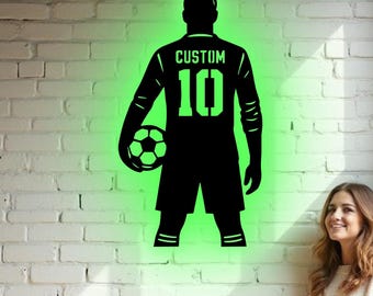 Custom Soccer Player Metal Wall Art - RGB LED Kids Room Decor, Football Athlete Sign