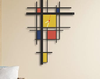 Mondrian Style Metal Wall Clock, Geometric Color Block Art Decor, Silent Living Room Accent