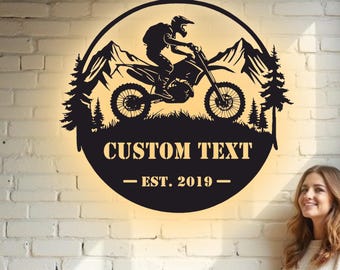 Custom Motocross Metal Wall Art - RGB LED Garage Decor, Dirt Bike Rider Sign