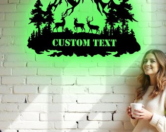Custom Deer Mountain Metal Wall Art - RGB LED Cabin Decor, Wildlife Nature Sign