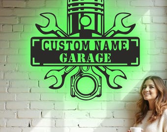 Custom Garage Name RGB LED Metal Wall Art, Personalized Mechanic Shop Sign