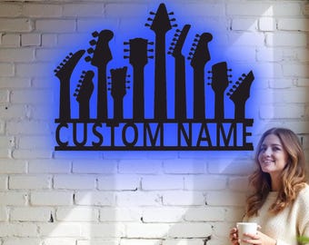 Custom Guitar Necks Metal Wall Art - RGB LED Music Room Decor, Guitarist Sign