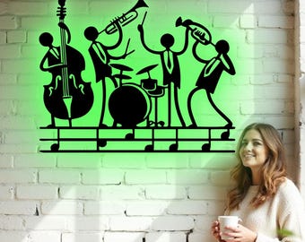 Jazz Band Metal Wall Art - RGB LED Music Room Decor, Jazz Lounge Sign