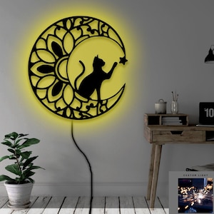 Cat and Moon Metal Wall Art: RGB LED Color-Changing Light