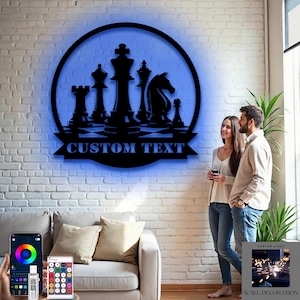 Personalized Chess Wall Decor RGB LED Light with Name, Custom Metal Chessboard Sign for Game Room, Kids Room or Strategy Lovers Gift