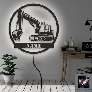 Custom Excavator Metal Wall Art With Rgb Led Light,Personalized Excavator Name Sign, Construction Wall Decor, Excavator sign night lamp