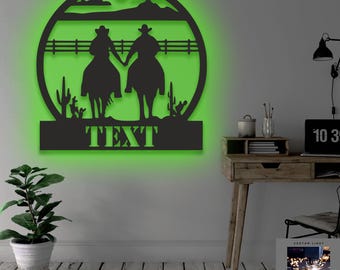 Gepersonaliseerde metalen muurkunst cowboypaar: rustiek western decor