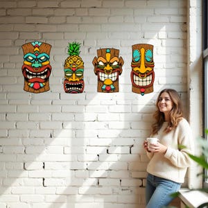 Tiki Hut Masks Metal Sign Set of 4 for Outdoor or Indoor Tiki Wall Decor, Tribal Tiki Bar Signs, Hawaiian Luau Patio Decorations