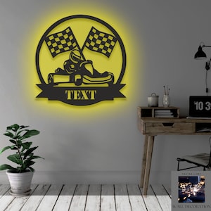 Custom Racing Metal Led Light Sign, Personalized Go Kart Sign, Go Kart Name Sign, Checkered Flag Wall Decor Gift,  Wall Decor Chapion Gift