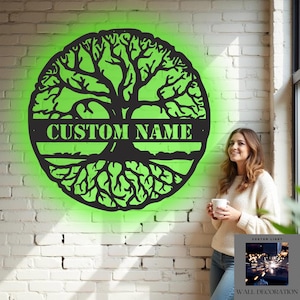 Personalized Tree of Life RGB LED Light Sign, Custom Family Name Wall Decor, Metal Tree Wall Art, Rustic Lighted Home Decor, Ancestry Gift
