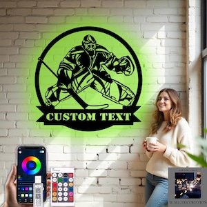 Hockey Goalie Metal Sign with LED Lights, Custom Hockey Player Neon Wall Decor, Personalized Air Hockey Name Sign, Sports Room Hockey Gift