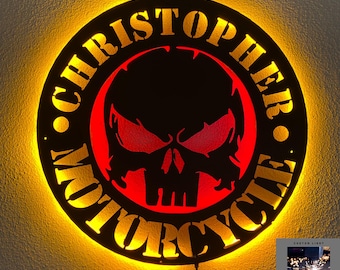 Custom Skull Metal LED Sign: Personalized Biker Garage Decor