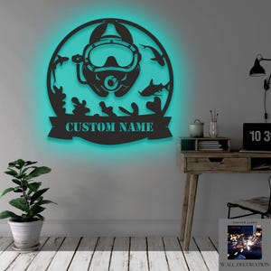 Custom Diver Metal Sign with LED Lights: Scuba Diving Wall Decor