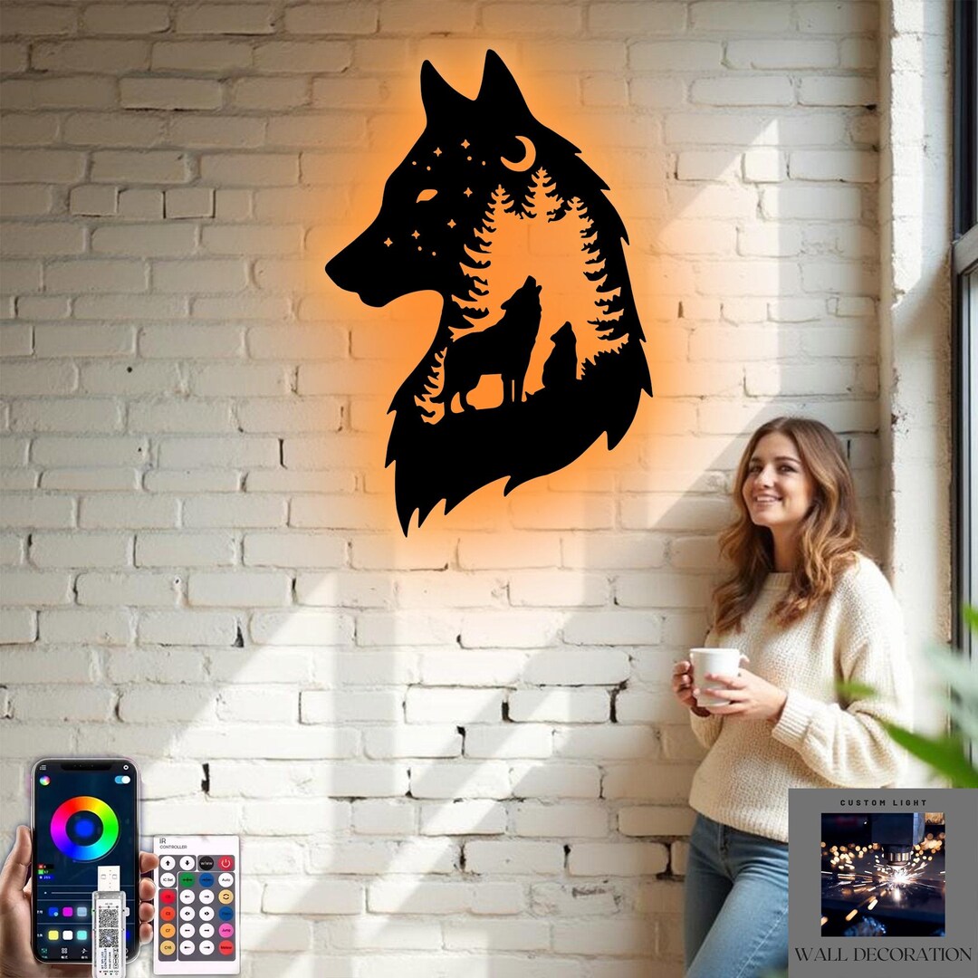 Rgb Wolf Wolf Monogram RGB LED Light: Metal Wall Art, Cabin Decor - Etsy