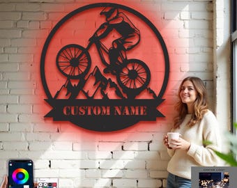 Custom Mountain Biking LED Sign: Personalized Metal Wall Decor