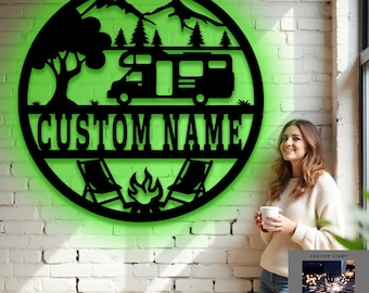 Custom Caravan Metal Wall Art – RGB LED Camping Decor, Personalized Motorhome Sign