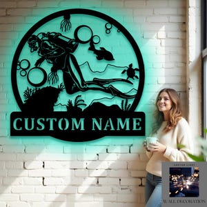 Customizable Scuba Diving RGB LED Light Sign, Diver Wall Decor, Custom Diving Metal Wall Art, Lighted Underwater Themed Sign, Gift for Diver
