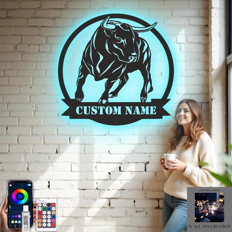 Custom Bull RGB LED Metal Wall Art | Personalized Western Steer Lighted ...