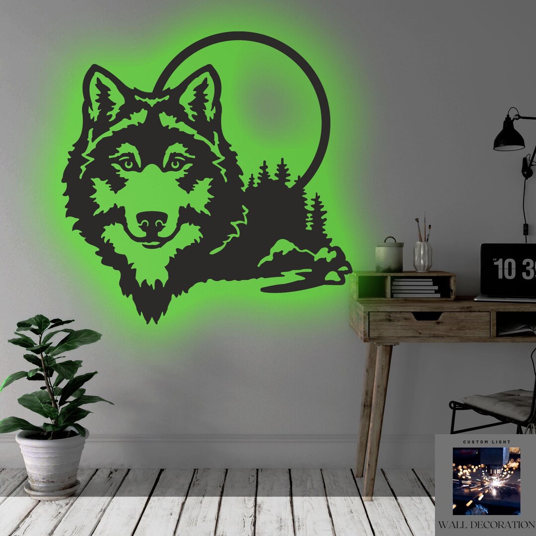Wolf Moon Mountain LED Metal Wall Art: Color Changing Rustic Decor - Etsy