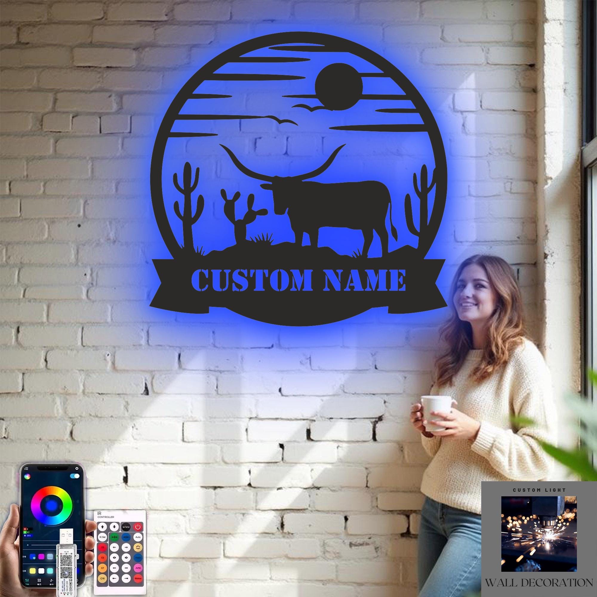 Custom Longhorn RGB LED Lights Metal Wall Art, Personalized Western ...