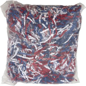 May include: A clear plastic bag filled with shredded paper in red, white, and blue. The paper is cut into thin strips, creating a textured and colorful filler. This decorative filler is suitable for gift baskets and packaging.