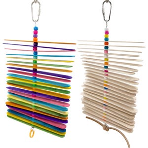 May include: Two bird toys. One is made of colorful popsicle sticks and beads, the other is made of natural wood popsicle sticks and beads. Both toys have a metal clip for hanging.