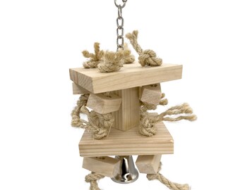 2313 Enkele toren van natuurlijk blok Handgemaakt vogelspeelgoed Houten blokken Touw Kauwbaar Verrijkend Boeiend foerageren Plezier Gemaakt in de VS