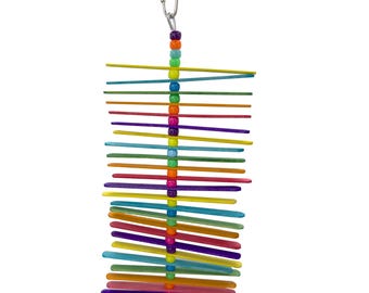 May include: A colorful bird toy with a metal clip for hanging. The toy features a vertical strand of beads in various colors, with multiple horizontal wooden sticks in shades of blue, green, yellow, orange, pink, and purple.