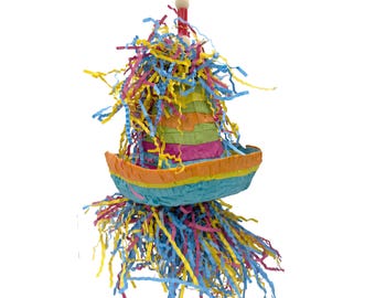 2198 Rainbow Hat Pinata met gekreukt papier en gelaagde kleuren, handgemaakt voor Afrikaanse grijzen en middelgrote vogels die houden van versnipperen
