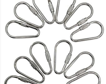May include: A set of ten silver-toned metal keychains with a D-shaped ring and a spring-loaded gate. The keychains are arranged in a circle.