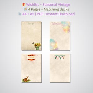 Saisonale Wunschliste Printable Bundle - A4 & A5 | 4 Vintage Journal Seiten (Frühling, Sommer, Herbst, Winter) | Digitaler Download