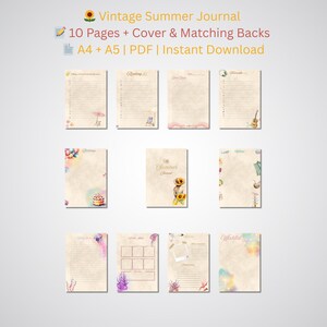 Może przedstawiać: Zestaw stron dziennika w stylu vintage z akwarelowymi ilustracjami. Strony zawierają okładkę i pasujące tyły z tekstem "Vintage Summer Journal" i "10 Pages + Cover & Matching Backs". Dostępne w formatach A4 i A5.