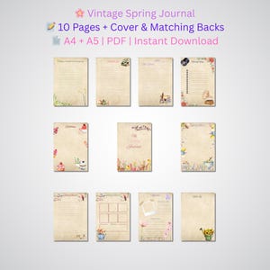 Vintage Spring Journal Bundle – A4 and A5 Printable PDF | Floral Planner, Daily & Weekly Pages, Wishlist, Notes, Cover