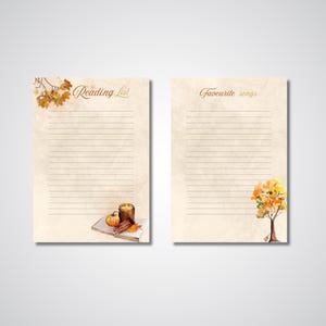 Może przedstawiać: Dwa beżowe, liniowane arkusze papieru z tytułami "Reading List" i "Favourite songs" w eleganckim skrypcie. Arkusz "Reading List" ma jesienne liście i dynię, świecę i laski cynamonu. Arkusz "Favourite songs" ma drzewo.