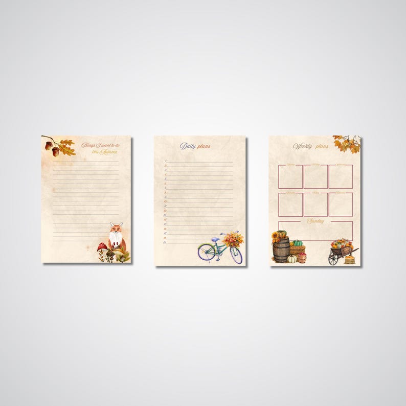 Może przedstawiać: Trzy beżowe kartki papieru z jesiennymi ilustracjami. Jedna kartka ma napis "Things I want to do this Autumn" i ilustrację lisa. Druga m&oacute;wi "Daily plans" z rowerem. Trzecia m&oacute;wi "Weekly plans" z beczką i taczką.